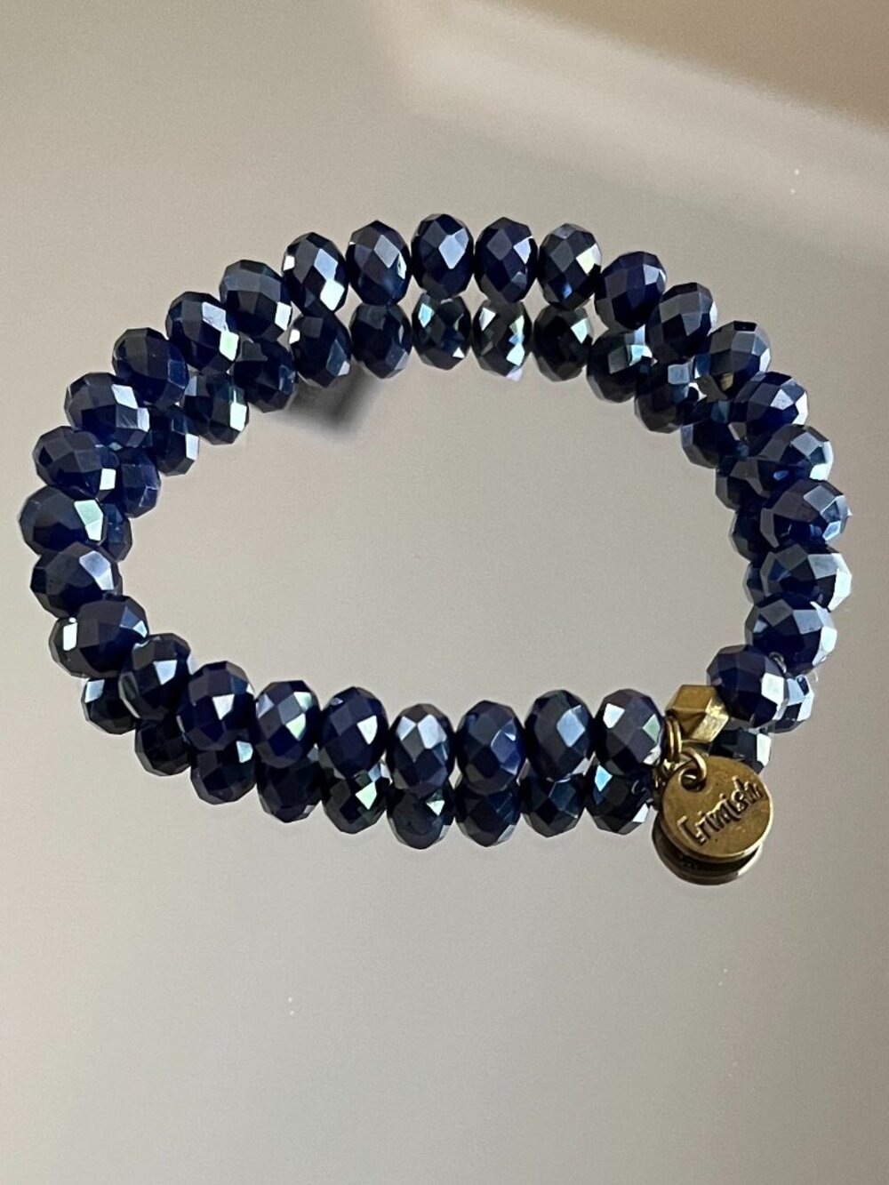 Erimish  Blue Faceted Crystals Beaded Bracelet Logo Tag Stackable Stretch